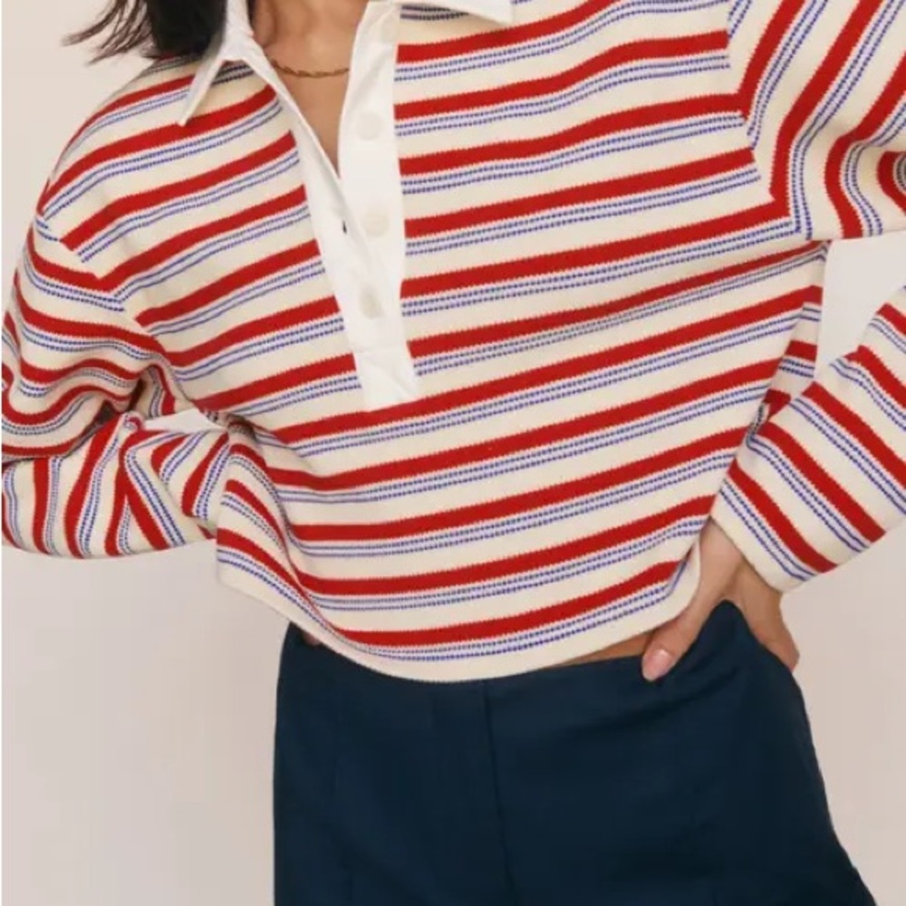 Reformation Red and White Long Sleeve Polo Crop Shirt